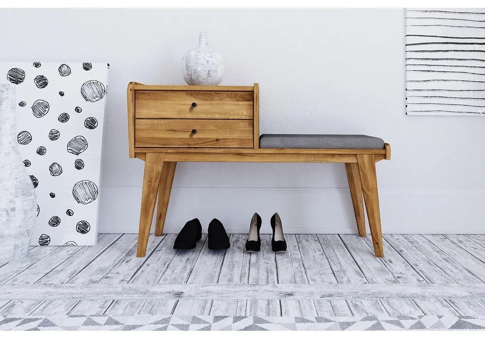 Bancă cu sertare din lemn de stejar cu șezut gri deschis Retro - The Beds