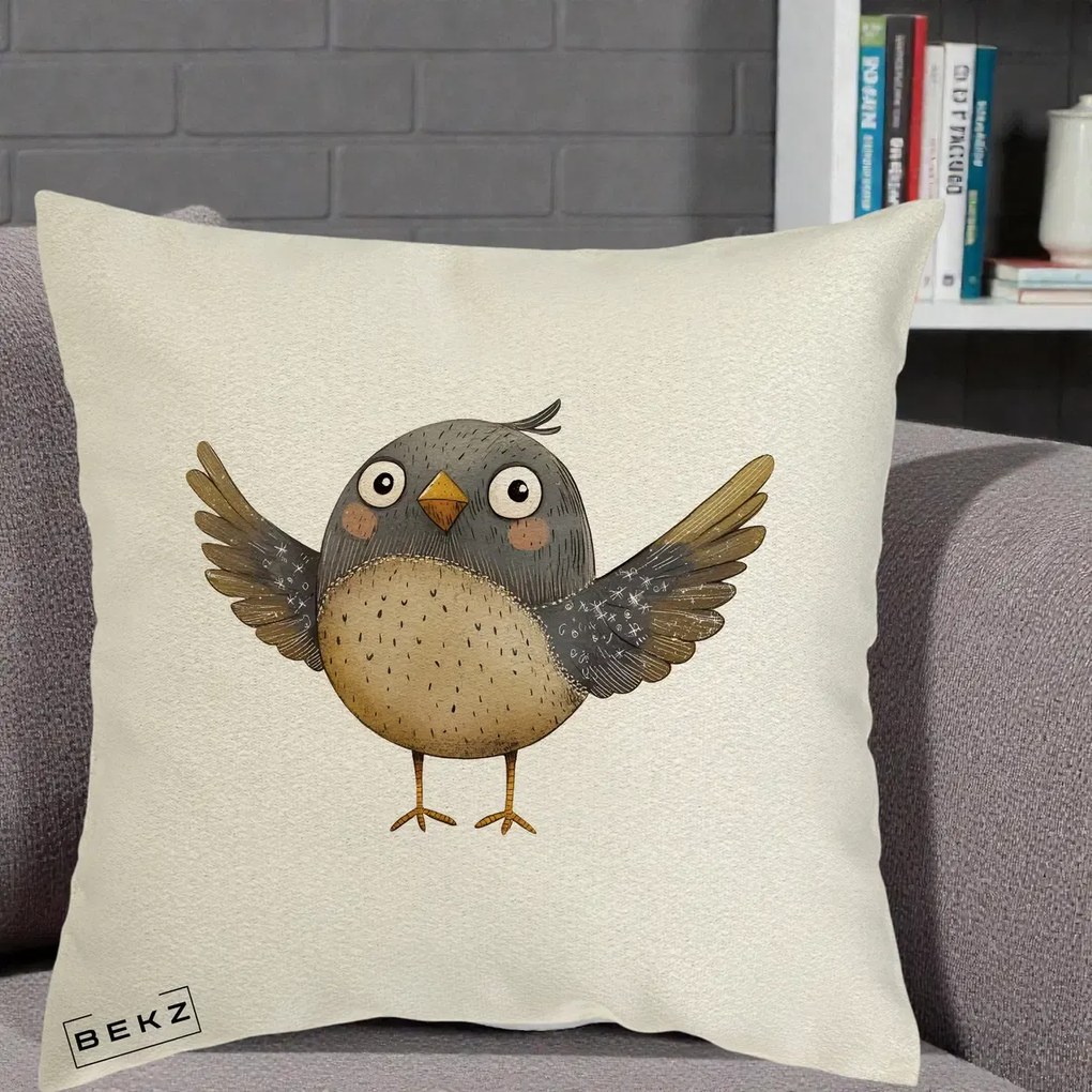 Perna Decorativa Pasare cu Aripi Intinse, 40x40 cm, Ecru, Husa Detasabila, Perna Inclusa, BEKZ®