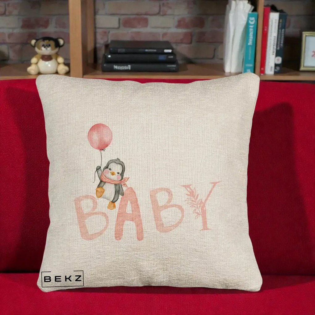Perna Personalizata Baby Pinguin Roz, 40x40 cm, Bej Canapea, Husa Detasabila, Perna Inclusa, BEKZ®