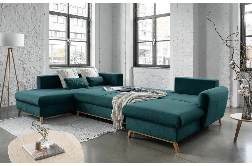 Canapea extensibilă în formă de "U" cu șezlong pe partea stângă Miuform Scandic Lagom, turcoaz