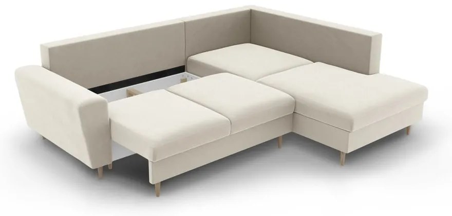 Colțar bej extensibil, cu spațiu de depozitare cu tapițerie din catifea (cu colț pe partea dreaptă-în formă de ”L”) Kyoto – Cosmopolitan Design