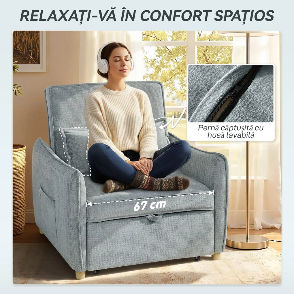 HOMCOM Fotoliu Pat 3 în 1 Pliabil, Spătar Reglabil 3 Poziții, Șezut Spațios, Pernă Detasabilă, Fotoliu Transformabil din Chenille cu Roți și Buzunare, 88x84x87 cm, Gri | Aosom Romania