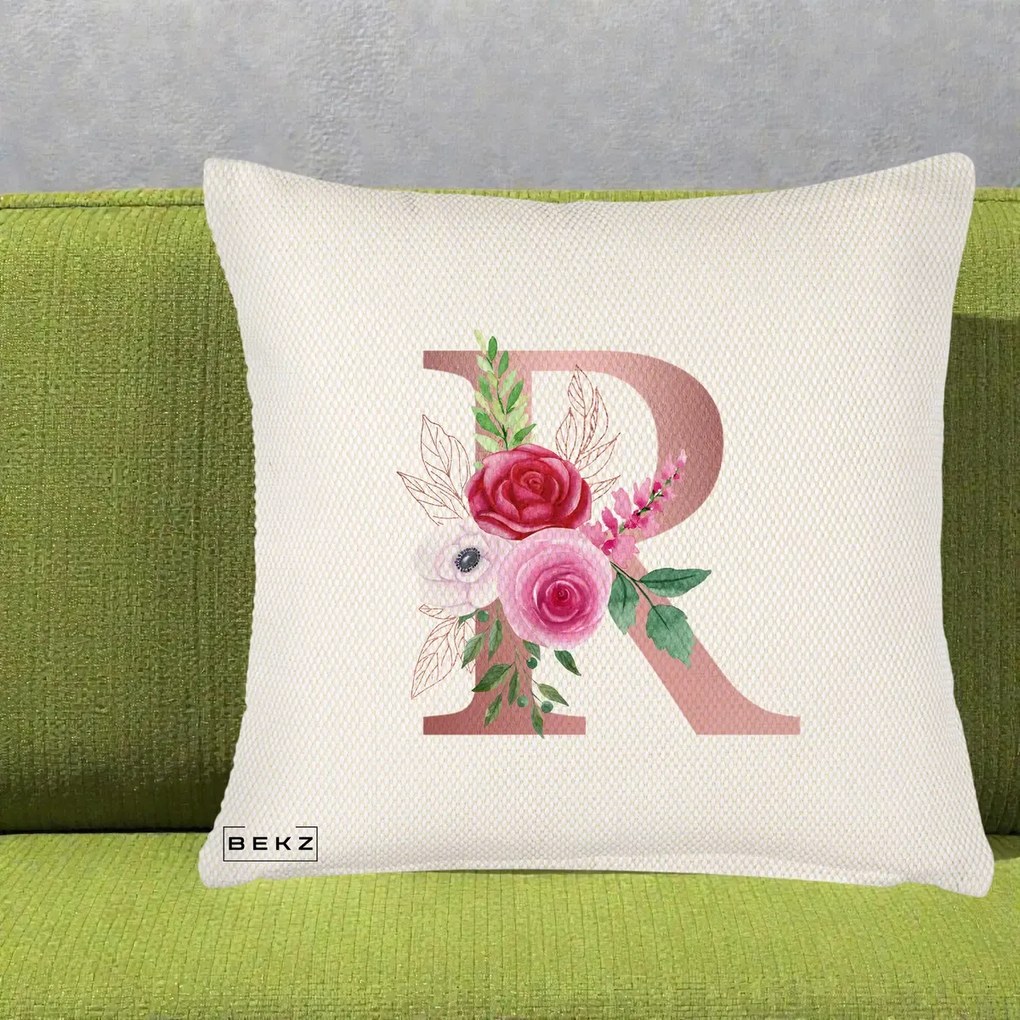Cadou Personalizat - Perna Personalizata Monograma Rose Gold Litera R, 40x40 cm, Crem Reliefat, Husa Detasabila, Perna Inclusa, BEKZ®