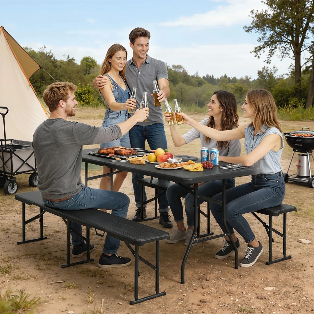 Outsunny Set masă pliantă și bănci de picnic 180 cm cu mânere de transport, negru | Aosom Romania