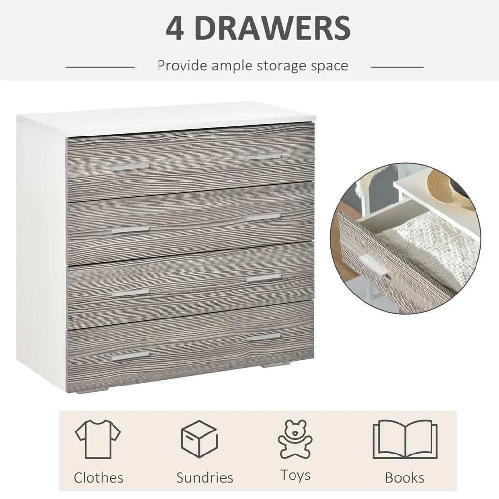 HOMCOM Comodă Modernă cu 4 Sertare, Manere din Aluminiu, Structură din Lemn, 76x35x72 cm, Alb și Gri | Aosom Romania