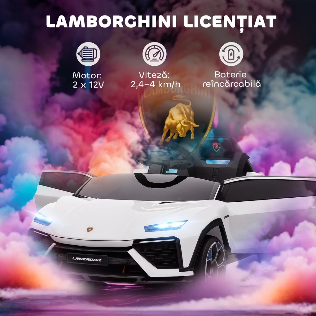 AIYAPLAY Mașină Electrică pentru Copii Licență Lamborghini cu Claxon și Telecomandă, 101.5x49x43 cm, Albă | Aosom Romania