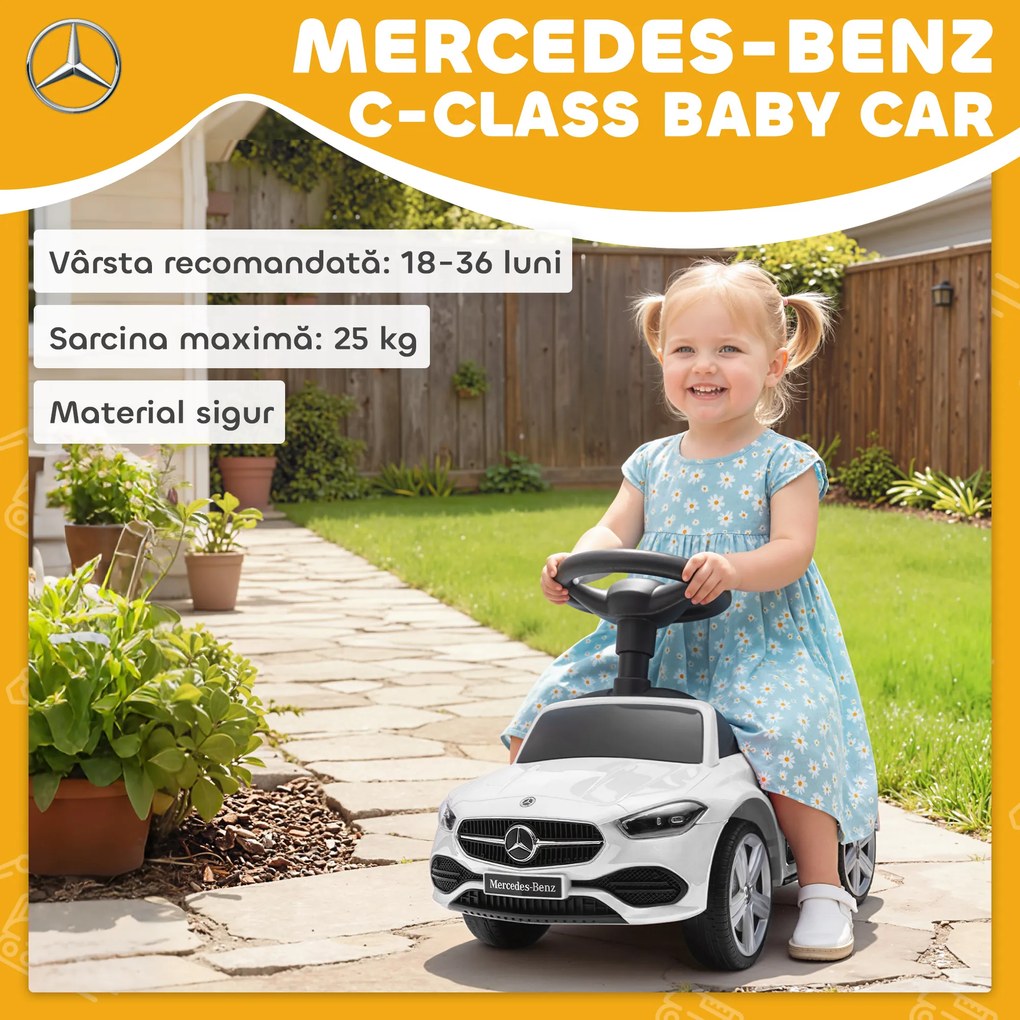 Mașinuță Electrică AIYAPLAY pentru Copii Licență Mercedes Benz cu Claxon și Spațiu de Depozitare, 65x28x39 cm, Alb | Aosom Romania