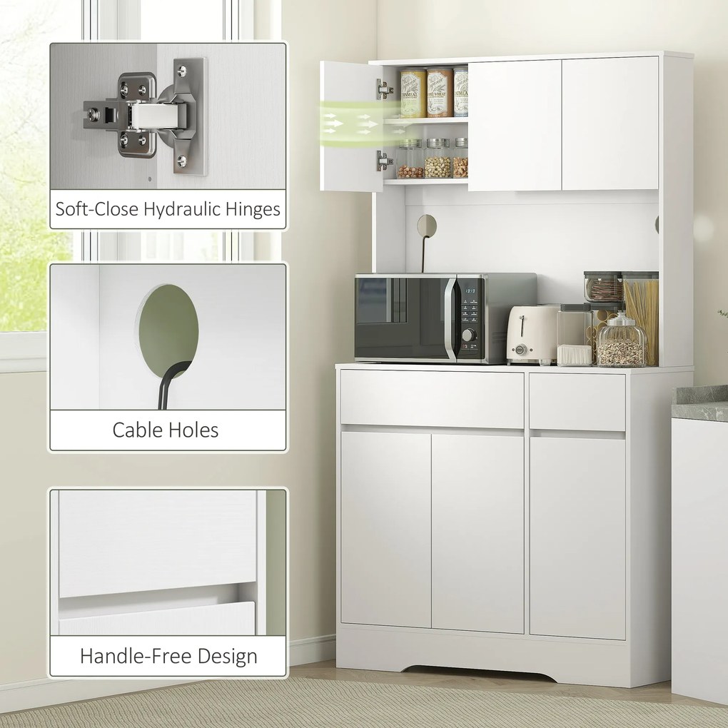 HOMCOM Bufet de Bucătărie Modern cu 4 Dulapuri, 2 Sertare și Rafturi Reglabile, 100x38x180 cm, Alb | Aosom Romania