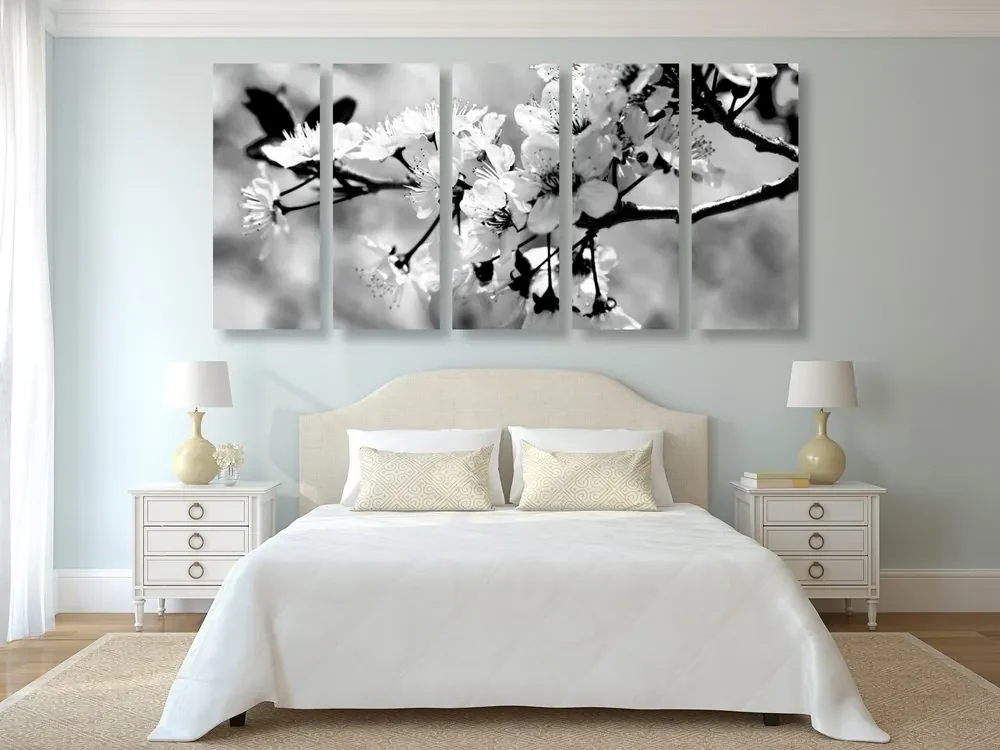 Tablou 5-piese floare de cireș în design alb-negru