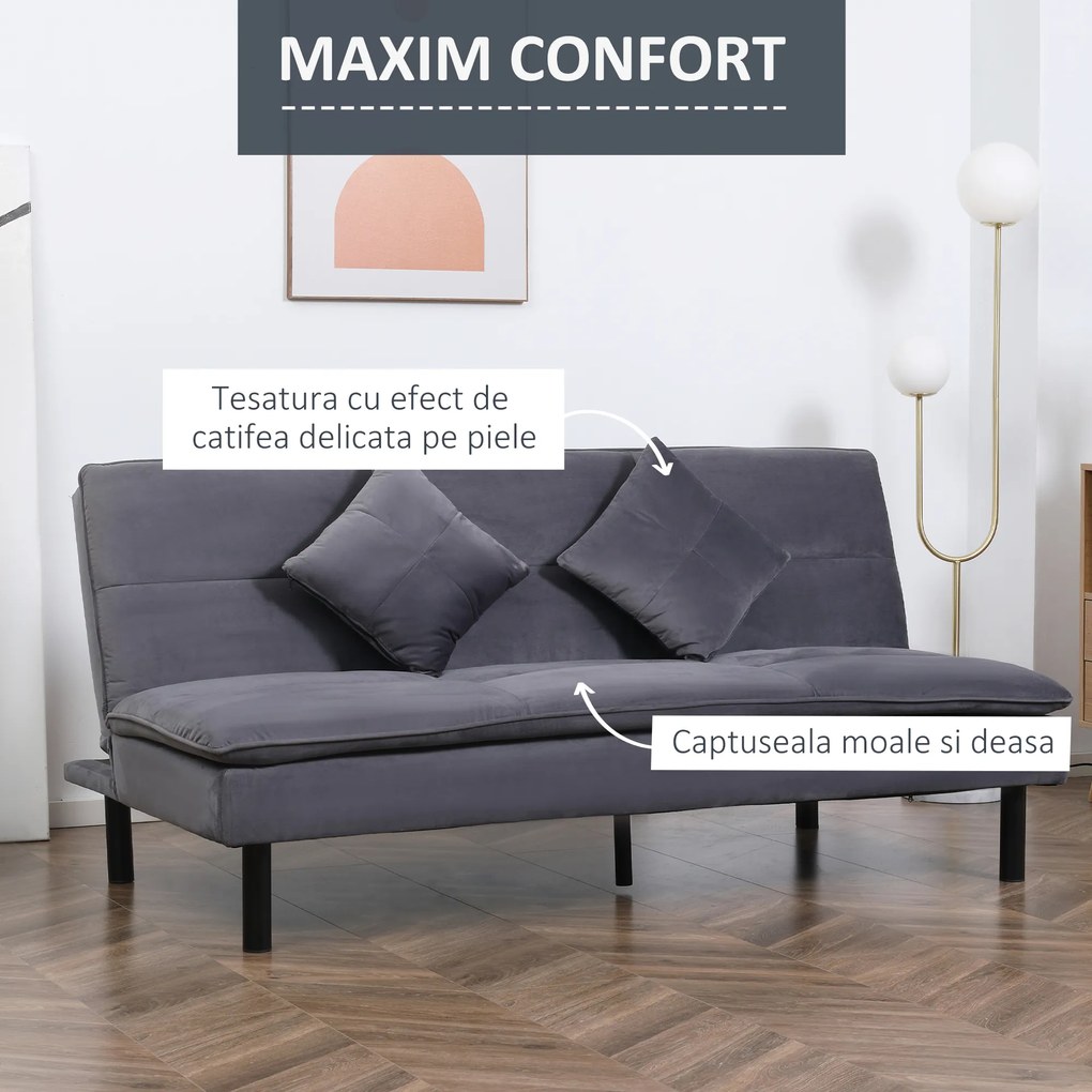 HOMCOM Canapea extensibila cu 3 locuri cu spatar reglabil pe 2 niveluri si scaun tapitat, efect de catifea gri | AOSOM RO