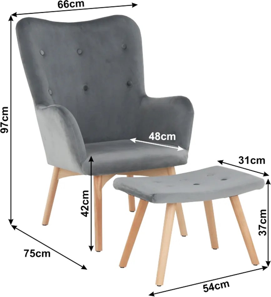 Fotoliu cu taburet, material de catifea gri/fag, LAGER NEW