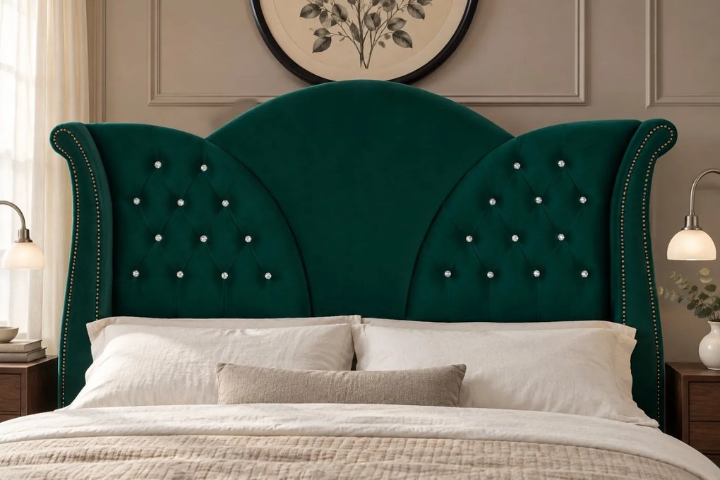 Pat tapițat Chesterfield din catifea Velora Deluxe 160×200 cm, verde, cu ladă de depozitare