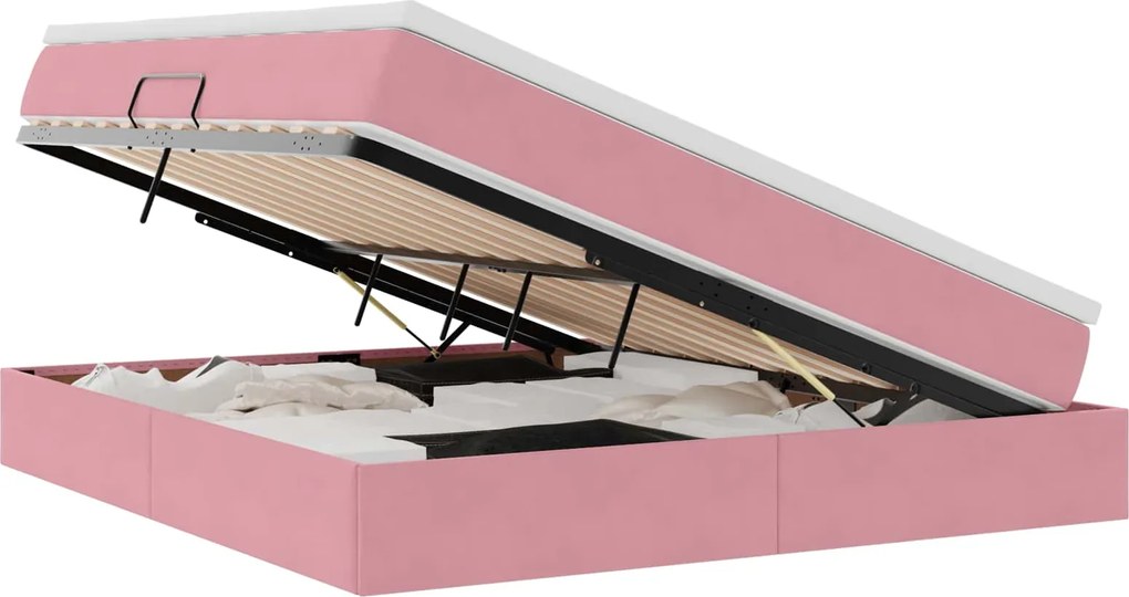 vidaXL Pat cu saltea și spațiu de depozitare Roz 160 x 200 cm Catifea
