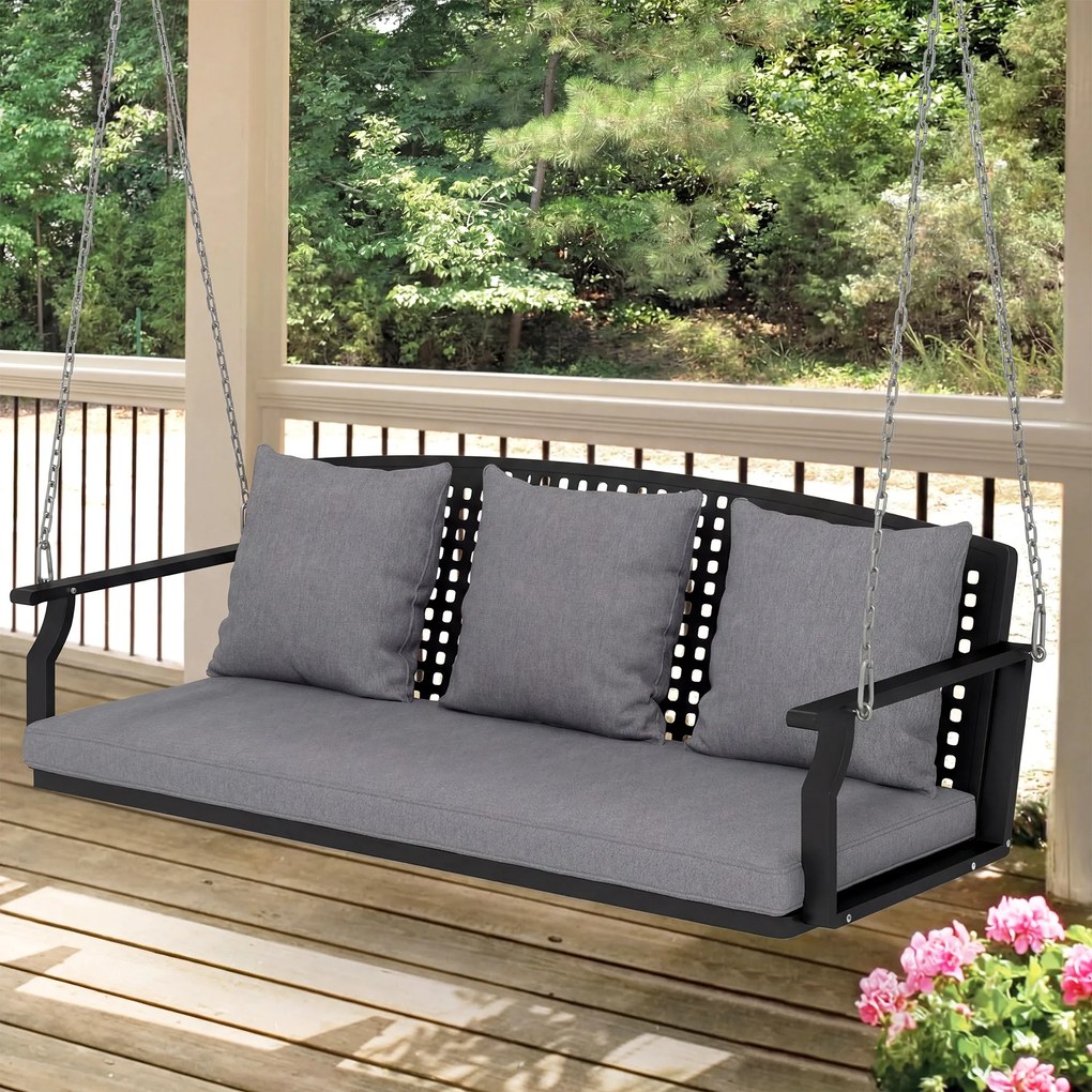 Outsunny Balansoar pentru verandă 3 locuri, bancă de grădină cu 3 perne pentru spate, pernă de șezut, dispozitiv de suspendare, Gri | Aosom Romania