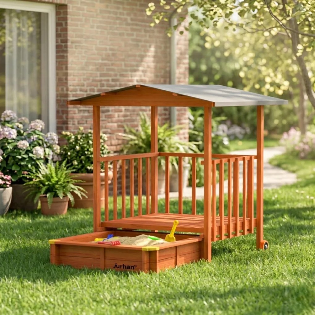 Groapa cu nisip cu verandă SUNNY, 130x130x143cm, maro/gri Jurhan