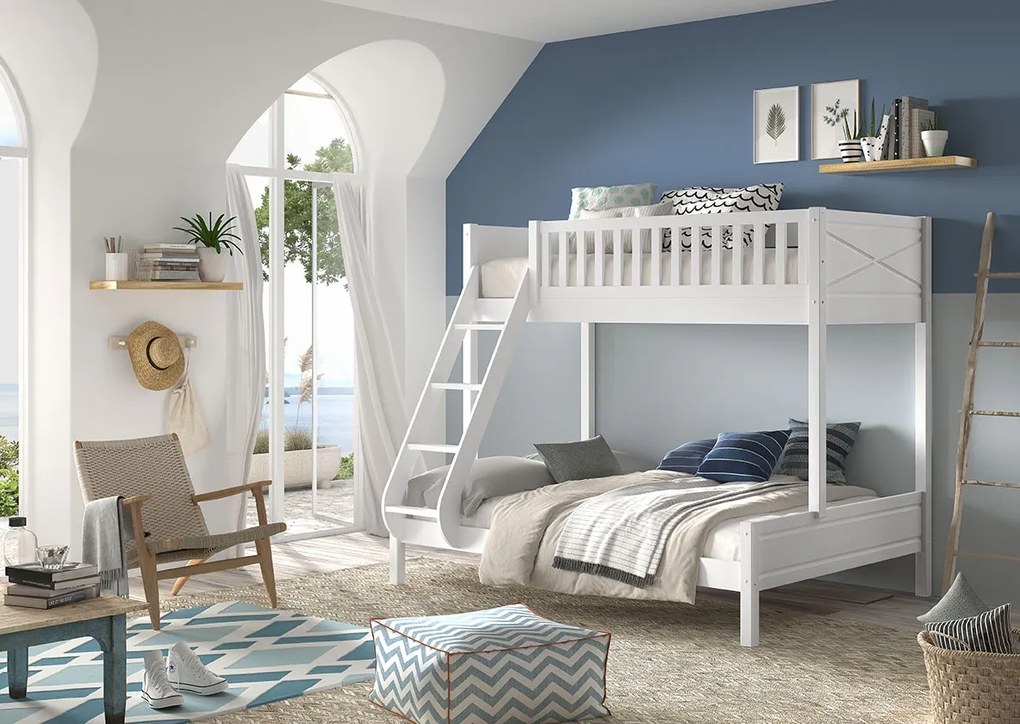 Pat supraetajat pentru familie SCOTT, alb, 140 x 200 cm + 90 x 200 cm, din pin scandinav și MDF, cu somiere incluse – Vipack