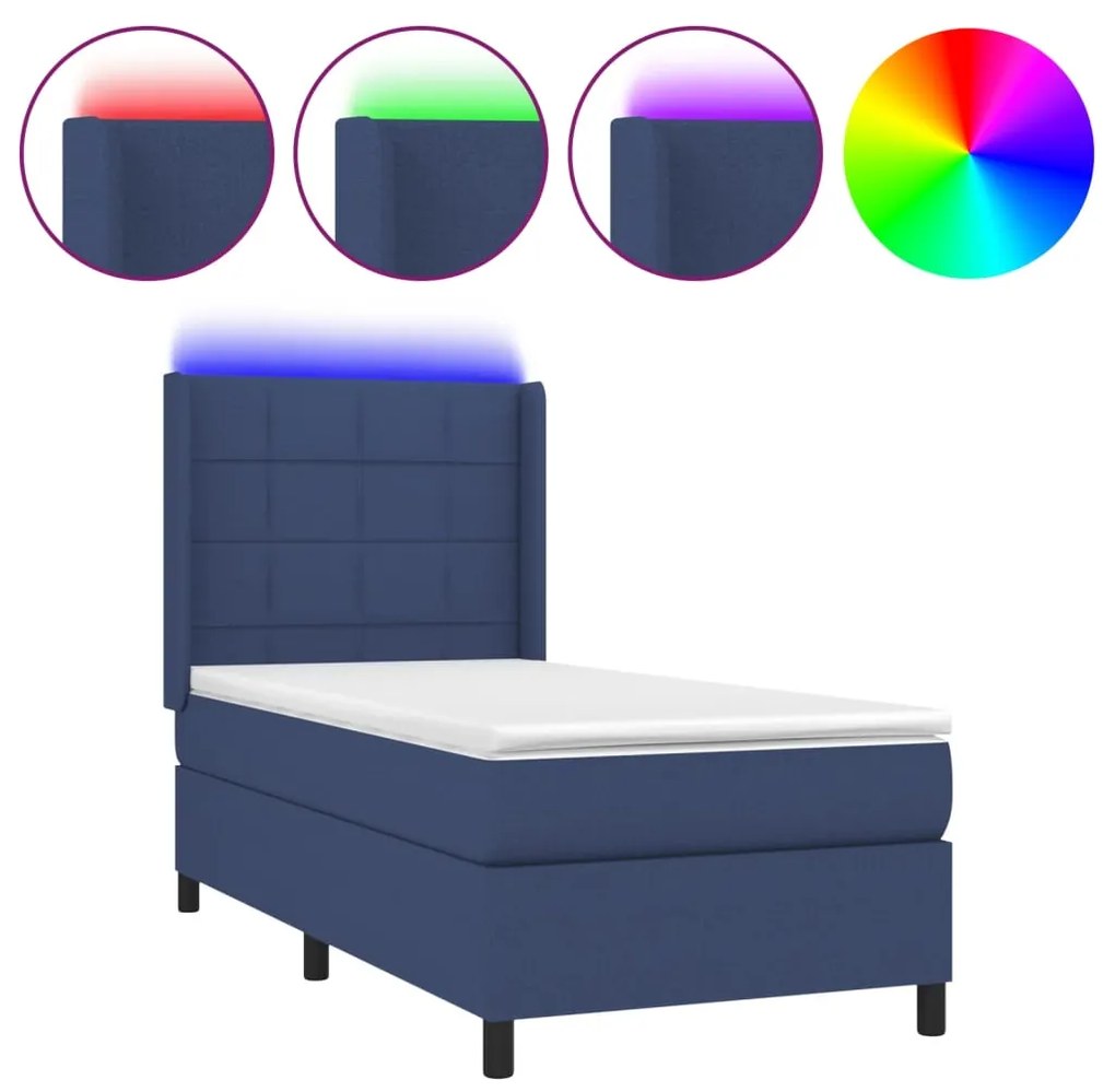 3138291 vidaXL Pat cu arcuri, saltea și LED, albastru, 90x200 cm, textil