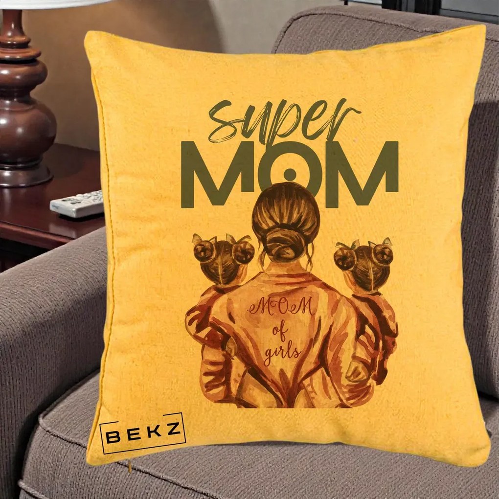 Cadou pentru Mama - Perna Personalizata Super Mom of Girls Mama cu Gemene, 40x40 cm, Galben, Husa Detasabila, Perna Inclusa, BEKZ®