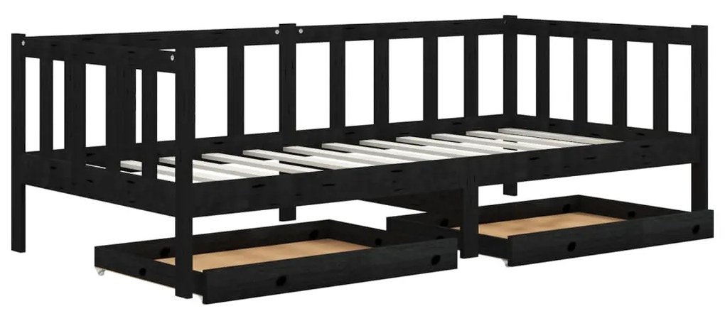 3083688 vidaXL Pat de zi cu sertare, negru, 90x200 cm, lemn masiv de pin