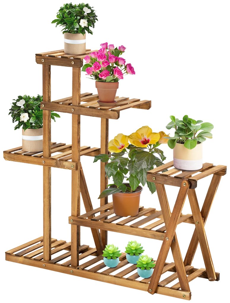 Outsunny Étagère à Fleurs en Bois Supports de Pots Porte Plante Bois 6 rafturi - dim. 98L x 28l x 95H cm - Lemn de Brad tratat carbonizare pentru Interior Grădină Terasă Balcon | Aosom Romania