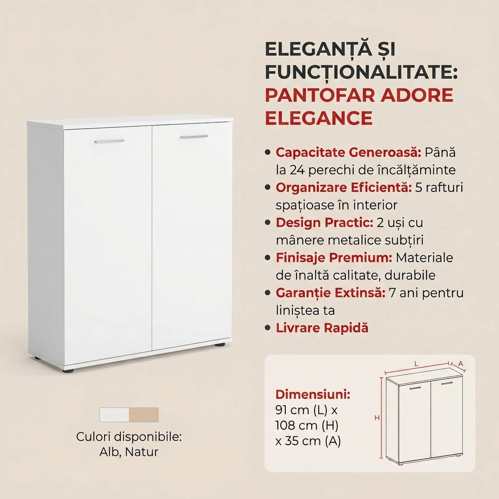 Pantofar Adore Elegance, 2 usi, 5 rafturi, capacitate 24 perechi incaltaminte, Alb - Natur, 91x108x35 cm