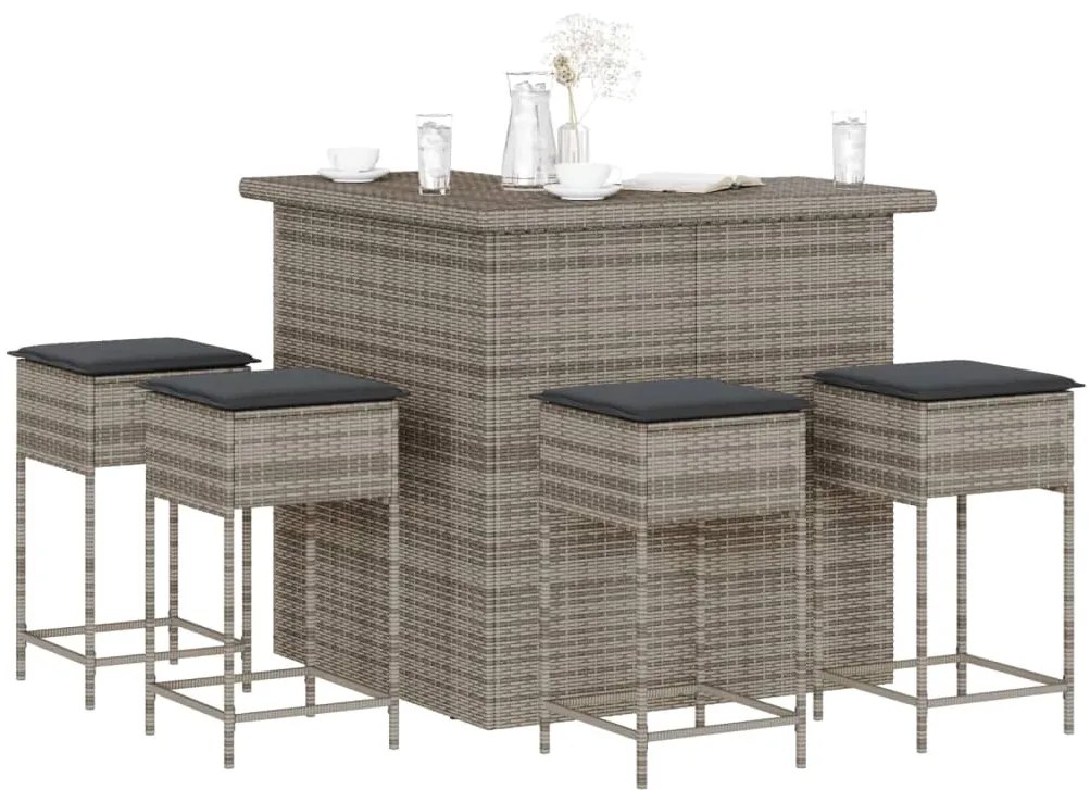 3261505 vidaXL Set mobilier bar de grădină, cu perne, 5 piese, gri, poliratan