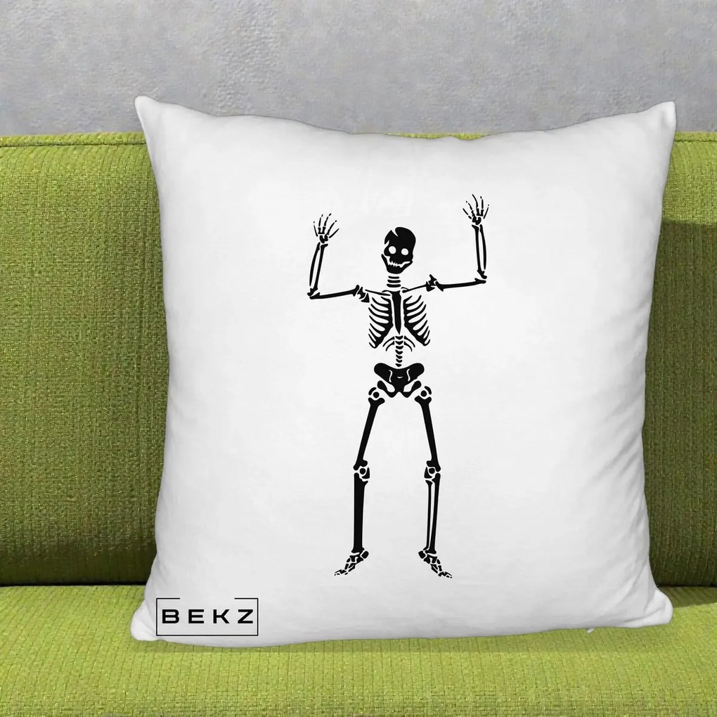 Perna Decorativa Halloween Schelet Dansator, 40x40 cm, Alb Pufos, Husa Detasabila, Perna Inclusa, BEKZ®
