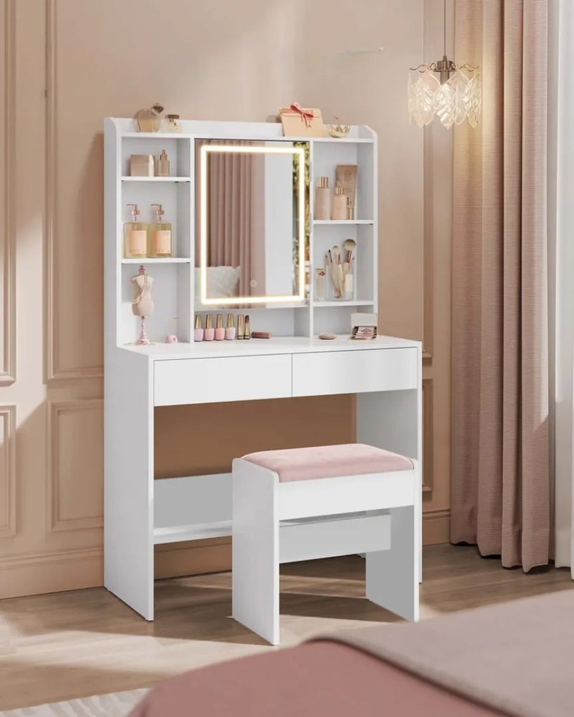 Taburet/scaun tapițat VELVET pentru masa de toaletă, 45×45×28,6 cm, alb/roz Vasagle