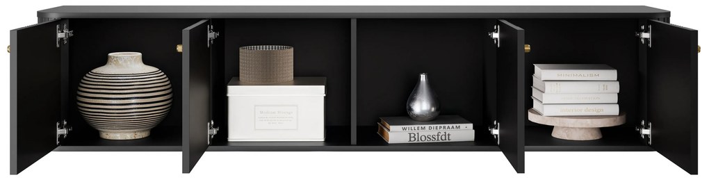 Comodă TV suspendată Vesper 4D 187 cm - negru / mânere aurii