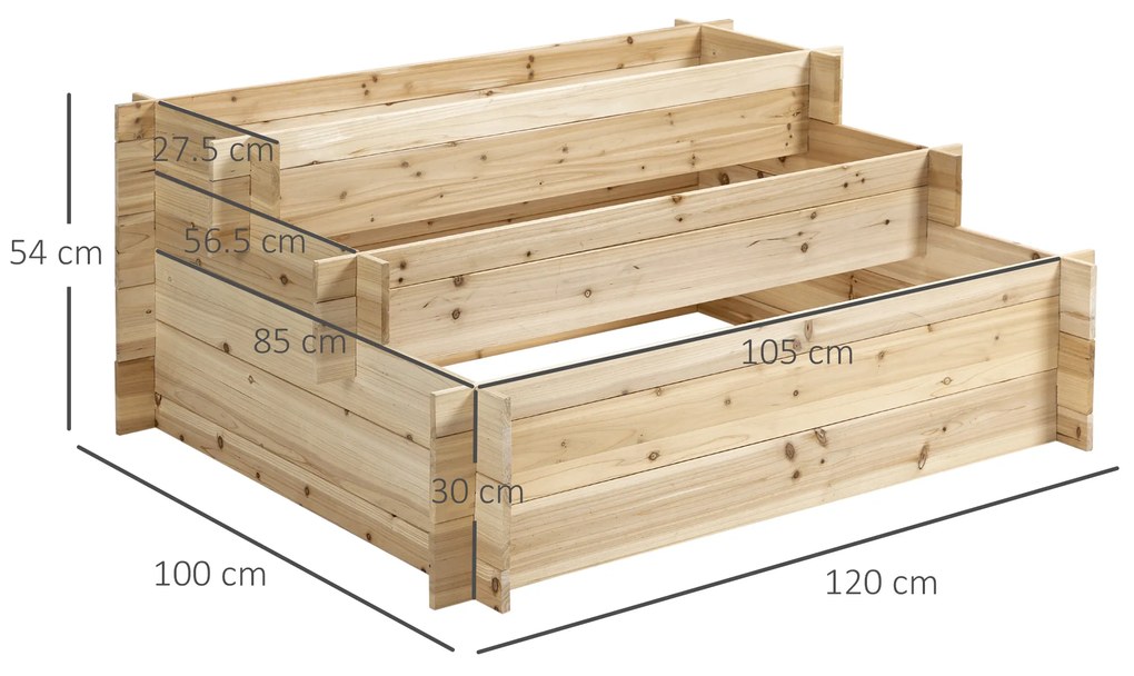 Outsunny Jardinieră Lemn 3 Nivele, Caseta de Flori pentru Grădinărit, 120x100x54cm, Design Rustic, Lemn Natural | Aosom Romania