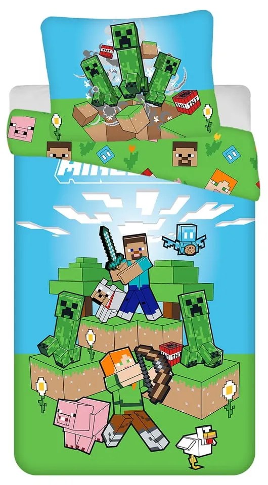 Lenjerie de pat pentru copii verde-albastră din bumbac pentru pat de o persoană 140x200 cm Minecraft "Outdoor Mobs" – Jerry Fabrics
