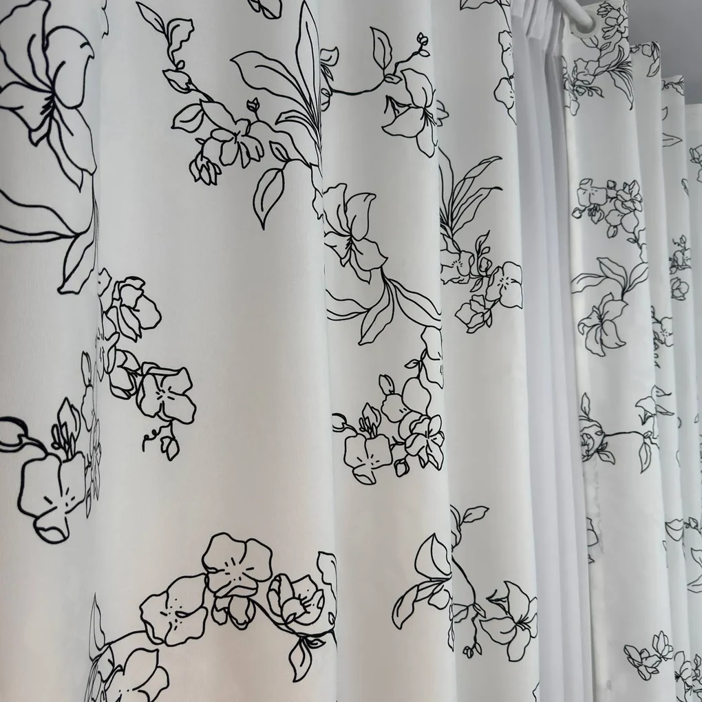 Set două Draperii (Opacitate 70%), Material tip Canvas (Model imprimat), Gata lucrate (Inele galerie), Culoare Alb + Negru, Dimensiuni draperie 160x260 cm (x2), Brand Originalio