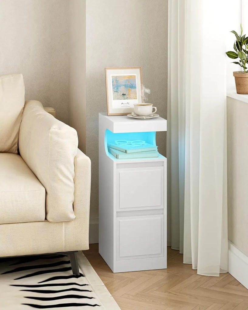 NOA79 - Set 2 Noptiere, 24 cm, foarte inguste, cu LED, 2 Sertare si Raft - Alb