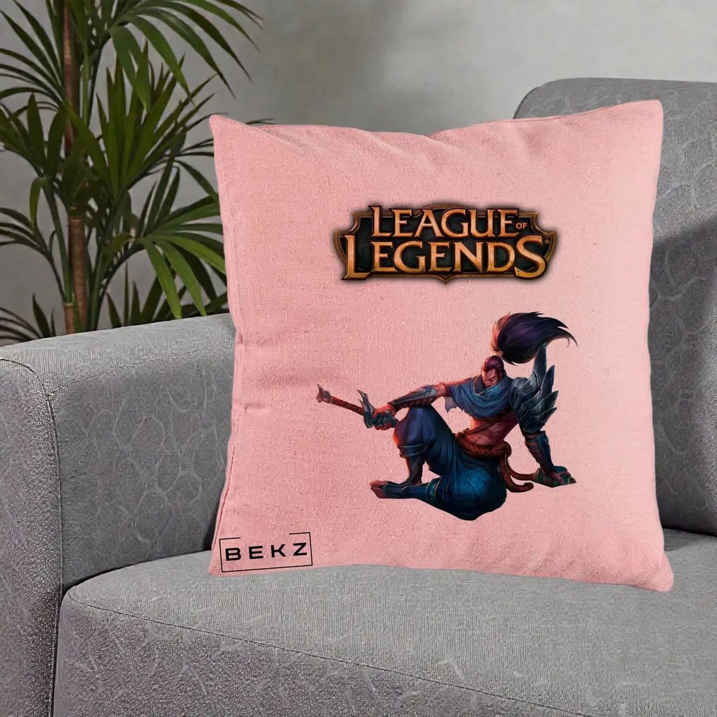 Perna Personalizata League of Legends Yasuo, 40x40 cm, Roz, Husa Detasabila, Perna Inclusa, BEKZ®