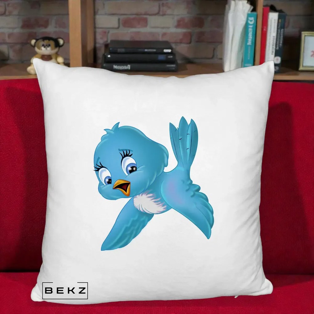 Perna Decorativa Pui de Pasare Albastru, 40x40 cm, Alb Pufos, Husa Detasabila, Perna Inclusa, BEKZ®