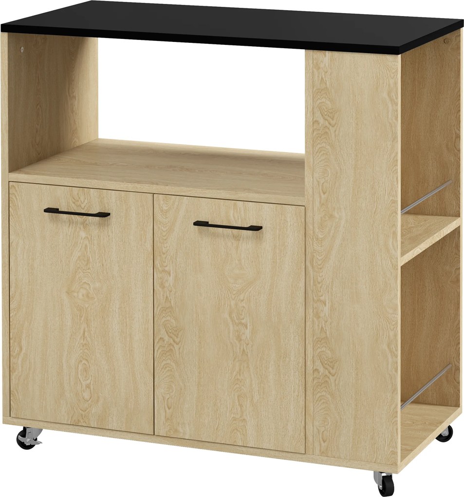 Cărucior de bucătărie din PAL cu raft deschis, dulap cu 2 uși și poliță laterală cu 2 niveluri, 75x40x80,5cm stejar și negru HOMCOM | Aosom Romania