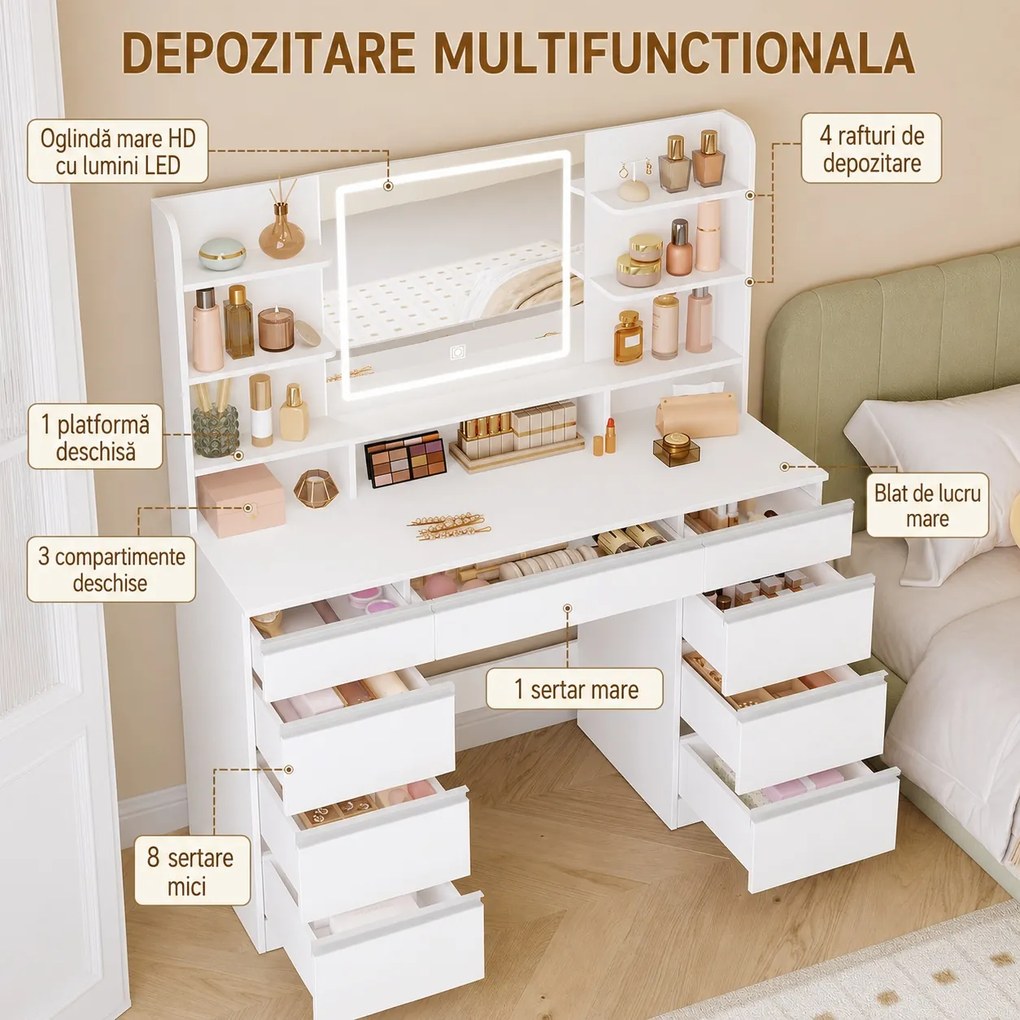 Masuta machiaj cu Oglinda LED si 9 Sertare pentru Cosmetice, Set Masa toaleta 109 cm, Alb, masuta cosmetica, vanity - SEA18