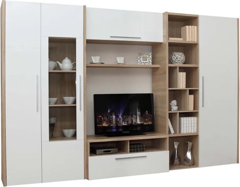 Mobilier living SMERA – 300x45x196 cm – Alb lucios / Sonoma