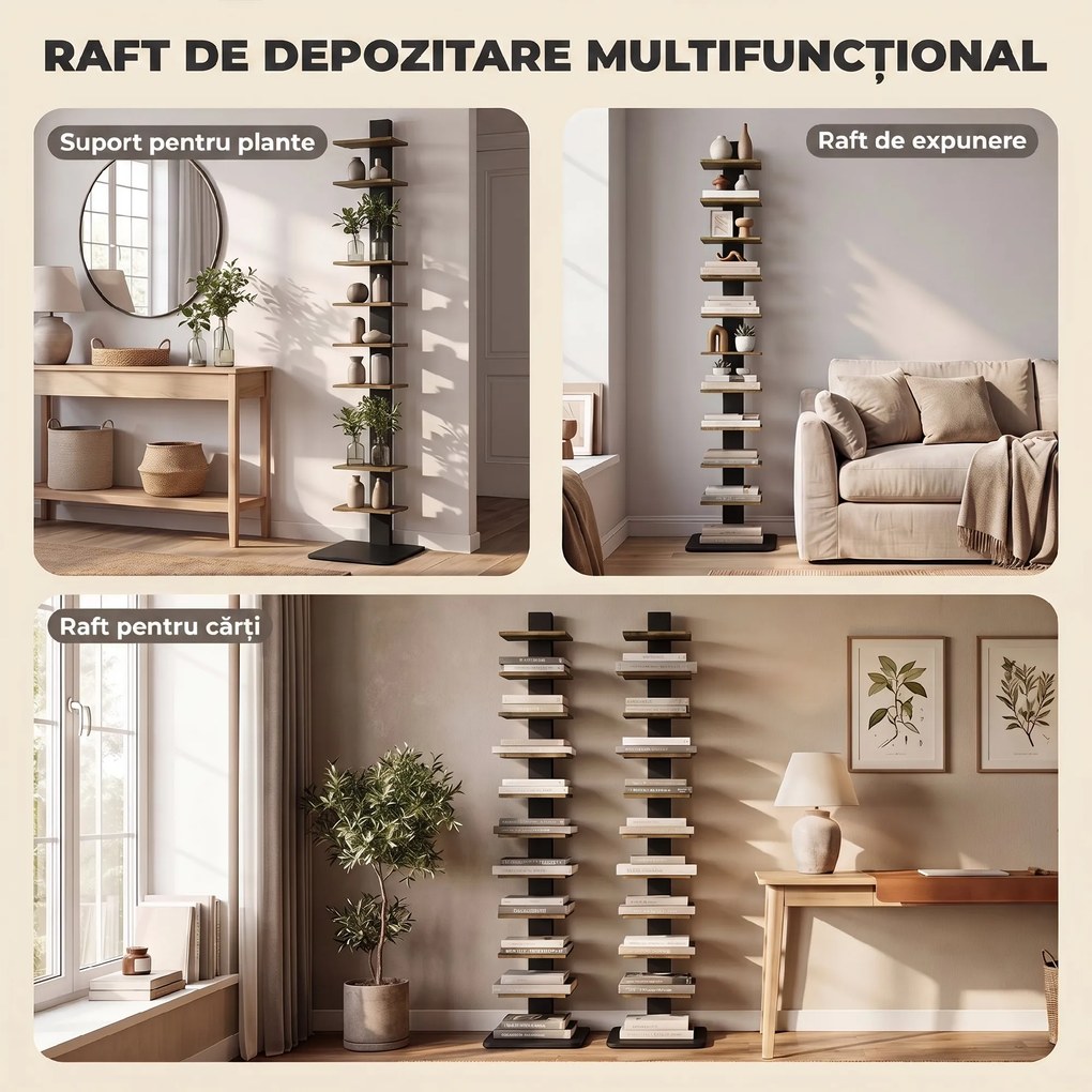 HOMCOM Bibliotecă Tip Turn Multifuncțională cu 11 Rafturi, Maro Rustic | Aosom Romania