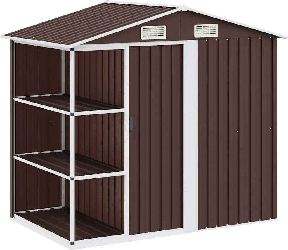 vidaXL Șopron de grădină cu etajeră, maro, 205 x 130 x 183 cm, fier