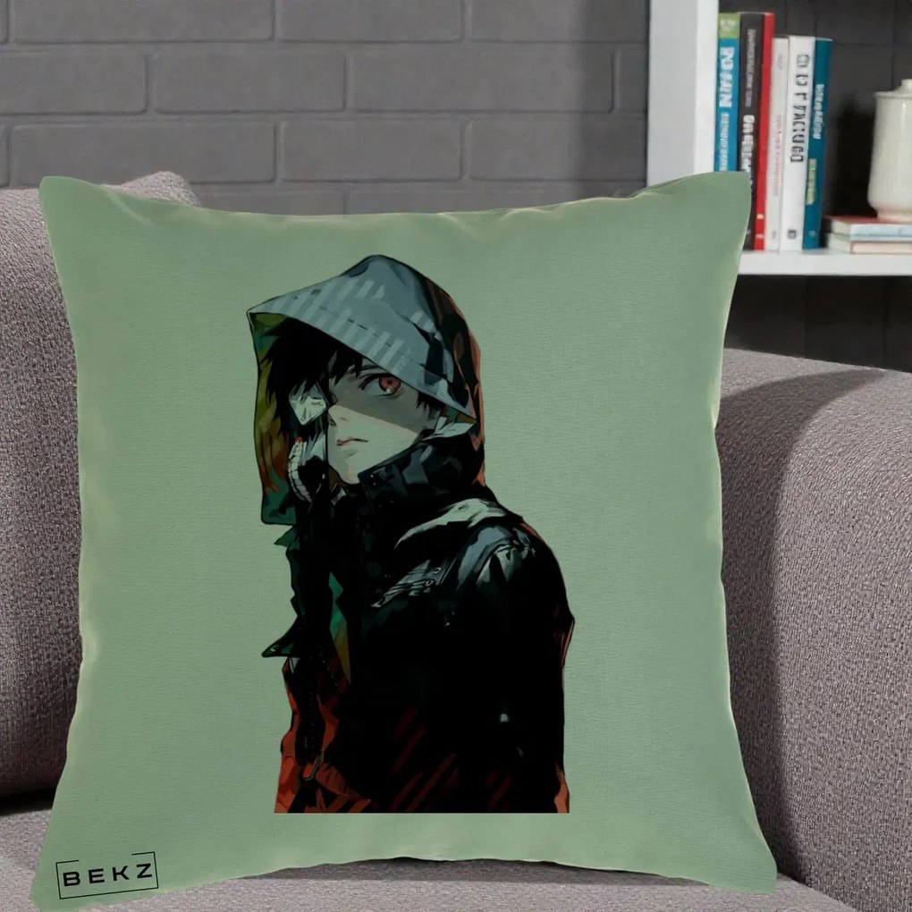 Perna Personalizata Tokyo Ghoul Ken Kaneki cu Masca si Gluga, 40x40 cm, Verde, Husa Detasabila, Perna Inclusa, BEKZ®