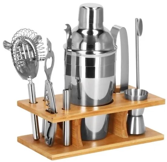 Kit pentru barmani, cocktail shaker, suport bambus, inox, set 9 piese, 550 ml, Springos
