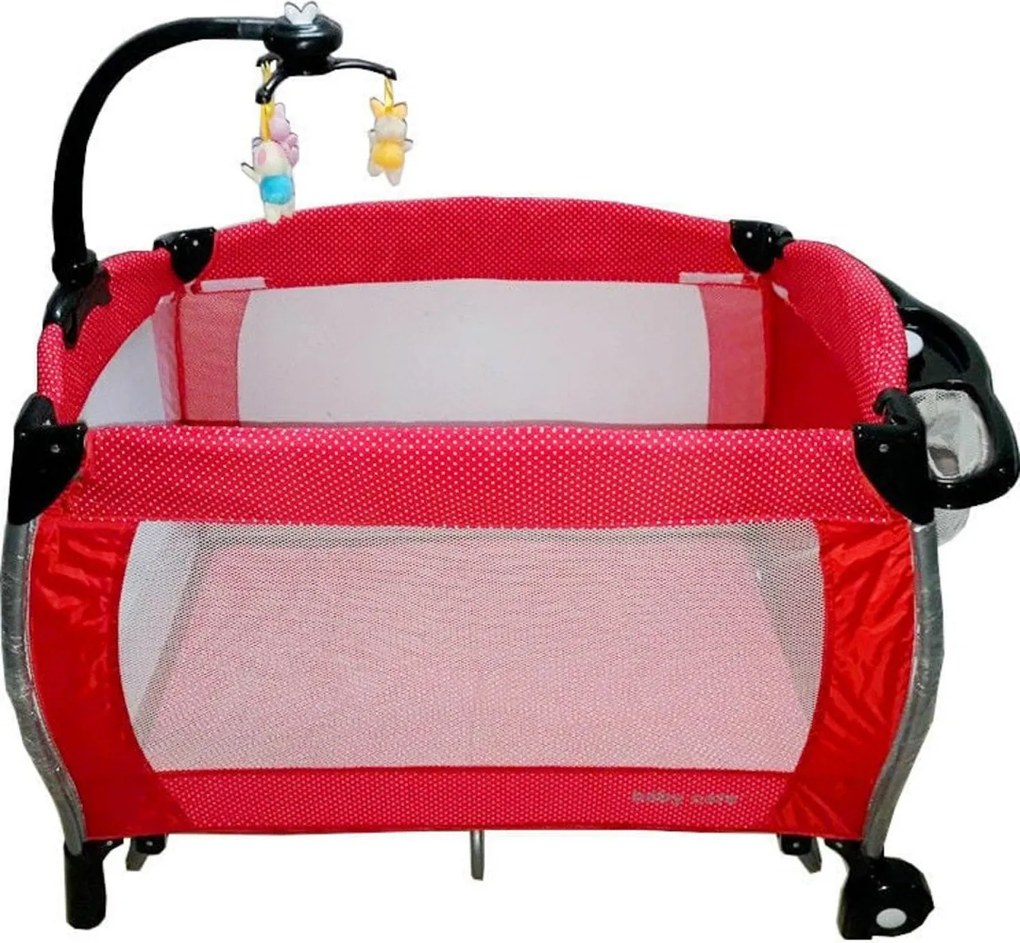Patut Pliant rotund cu balansoar, Tarc copii Baby Care™ ROUND NEST, Pliabil pe 2 Niveluri cu muzica si Masa infasat, Jucarie Carusel cu jucarii din