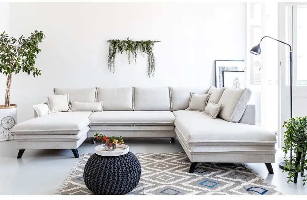 Canapea extensibilă în formă de „U” cu șezlong pe partea dreaptă Miuform Charming Charlie, bej deschis