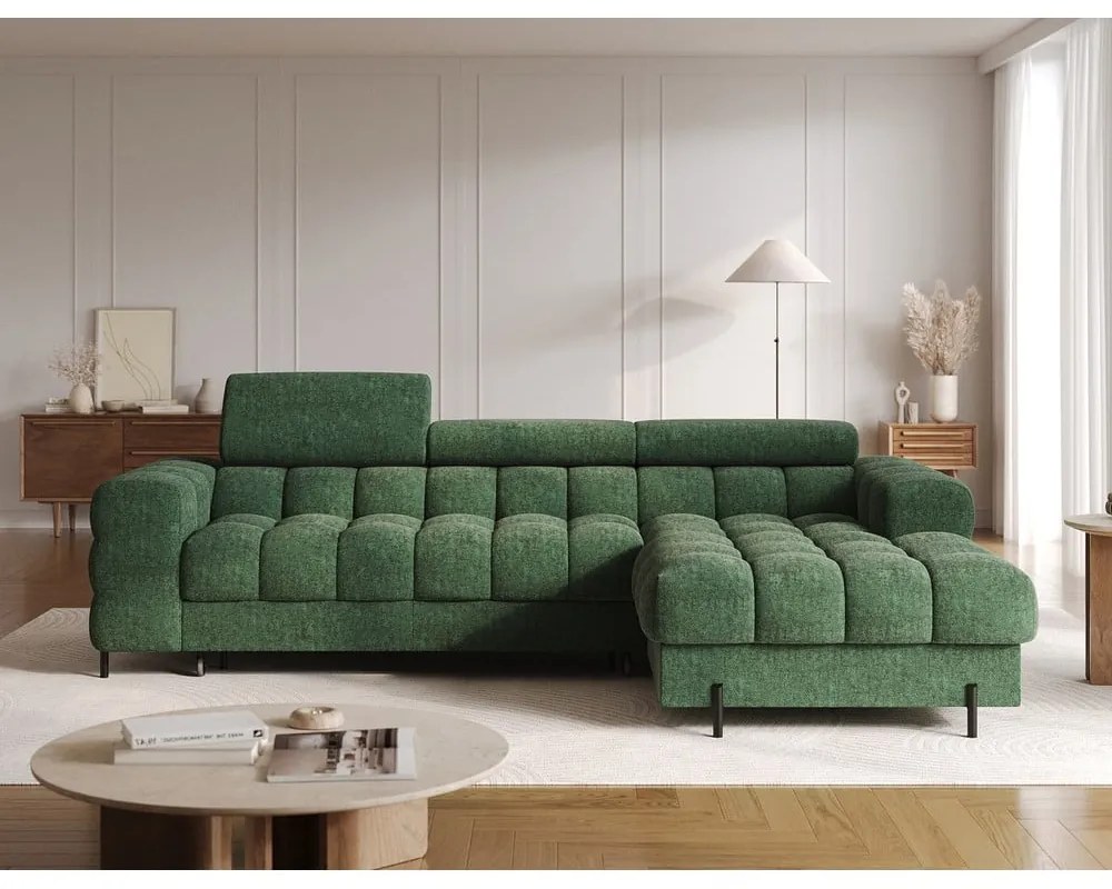 Colțar verde extensibil/cu spațiu de depozitare cu tapițerie din țesătură bouclé (cu colț pe partea dreaptă/cu șezlong) Felro – ELTAP