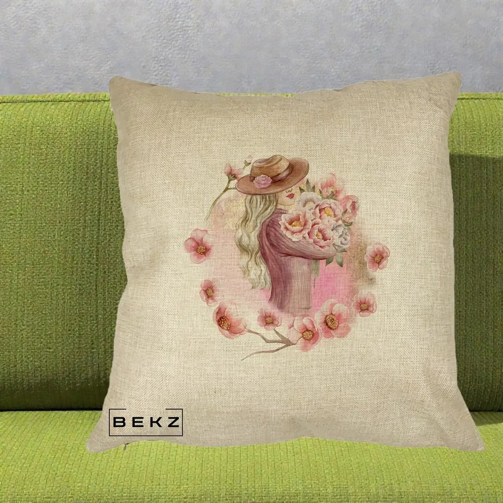 Perna Decorativa Femeie cu Flori Roz Acuarela, 40x40 cm, Crem, Husa Detasabila, Perna Inclusa, BEKZ®
