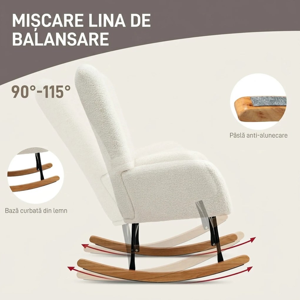 HOMCOM Balansoar, Fotoliu din Catifea Teddy, Scaun Relax cu Picioare din Lemn, Balansoar pentru Dormitor și Living, Alb Crem | Aosom Romania