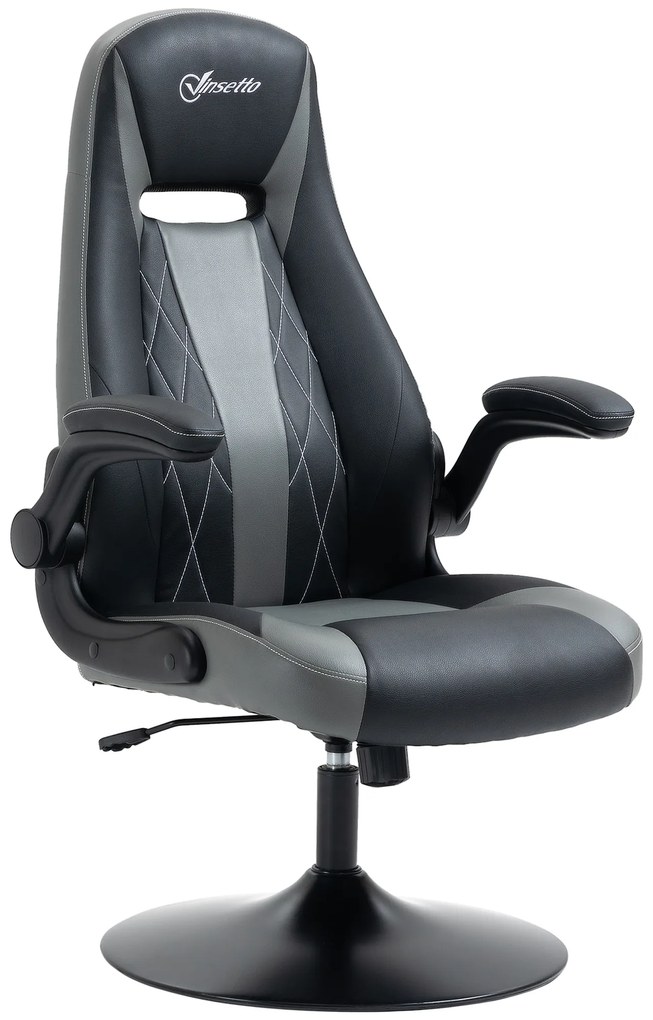 Vinsetto Scaun de gaming ergonomic cu bază rotundă din metal pivotantă 360° înălțime reglabilă pernă pentru gât brațe rabatabile PVC gri negru | Aosom Romania