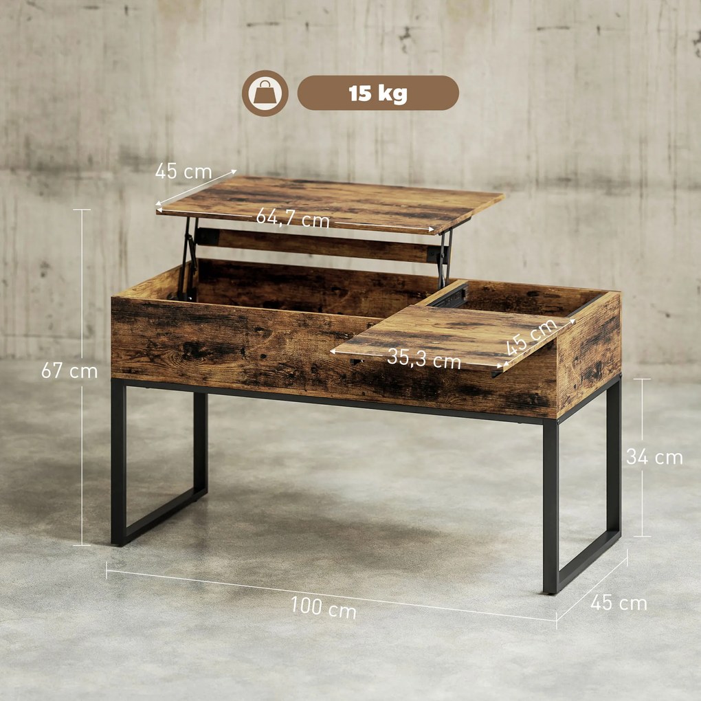 HOMCOM Masă de Cafea Extensibilă cu Encimera Desfășurabilă Închidere Moale Spațiu Ascuns de Depozitare 100x45x67 cm Marrón Rústico | Aosom Romania