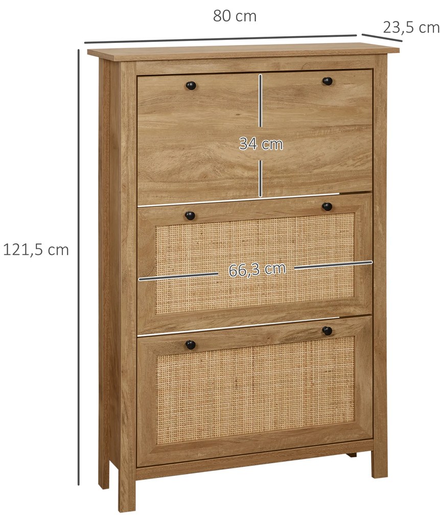 HOMCOM Dulap pentru pantofi raft pantofi dulap 3 uși rabatabile efect cannage răchită - în lemn lemn natural | Aosom Romania